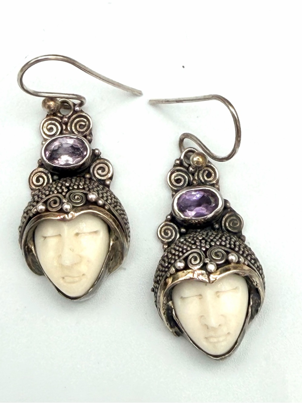 Vintage Balinese Goddess Earrings, Sterling Silver, 14k Gold, Amethyst, Artisan